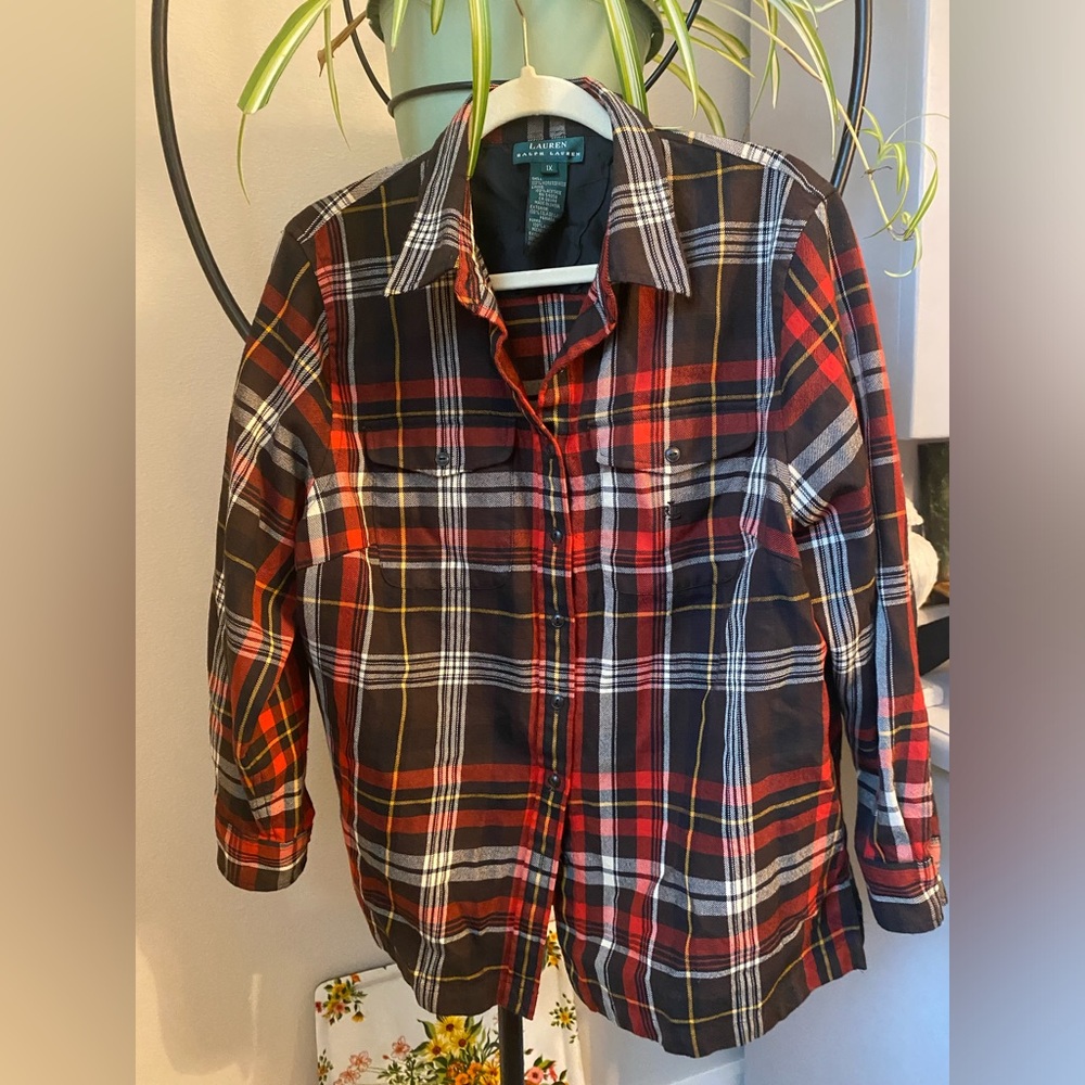 Ralph Lauren Red Brown Plaid Shirt Small Outdoor Worsted Wool Tartan Preppy y2K